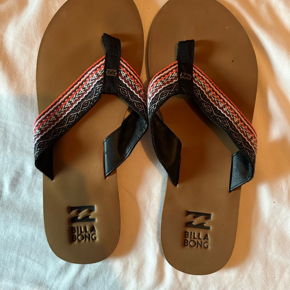 Billabong Tan and Black Flip Flops with Red Accents